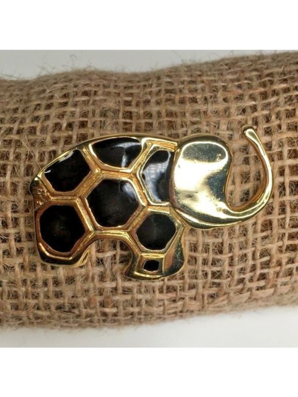 Gold Black Enamel Elephant pin Brooch Safari Africa Jungle Animal Tribal Trunkup